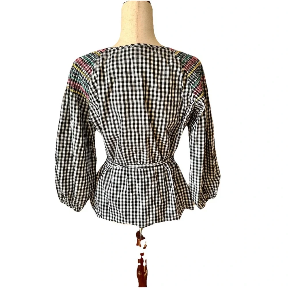 Madewell Embroidered Gingham Top Tassel Tie Peasant Puff Sleeve Plaid SZ Med